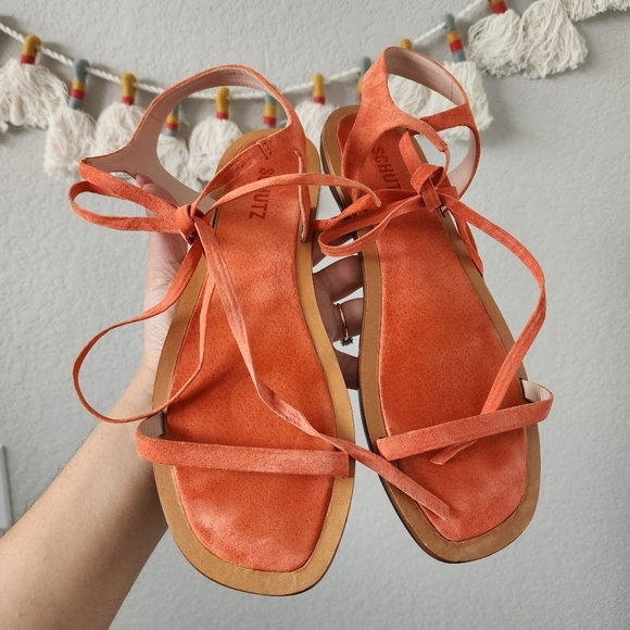 Schutz Orange Suede Wrap Around Ankle Flat Sandals Boho Chic Comfort Summer 10 - Picture 2 of 9